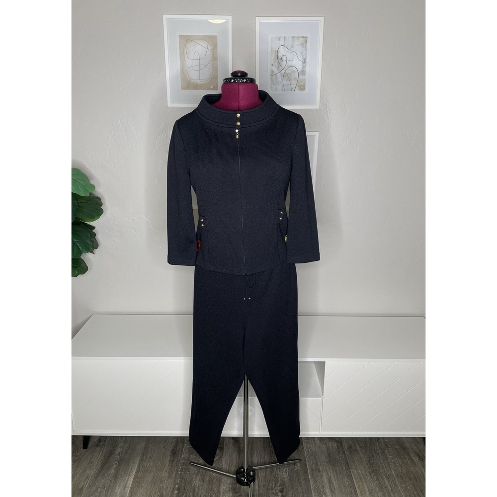 St.‎ John Collection Knit Wool Blend Set Jacket & Wide Leg Pants Black M/10